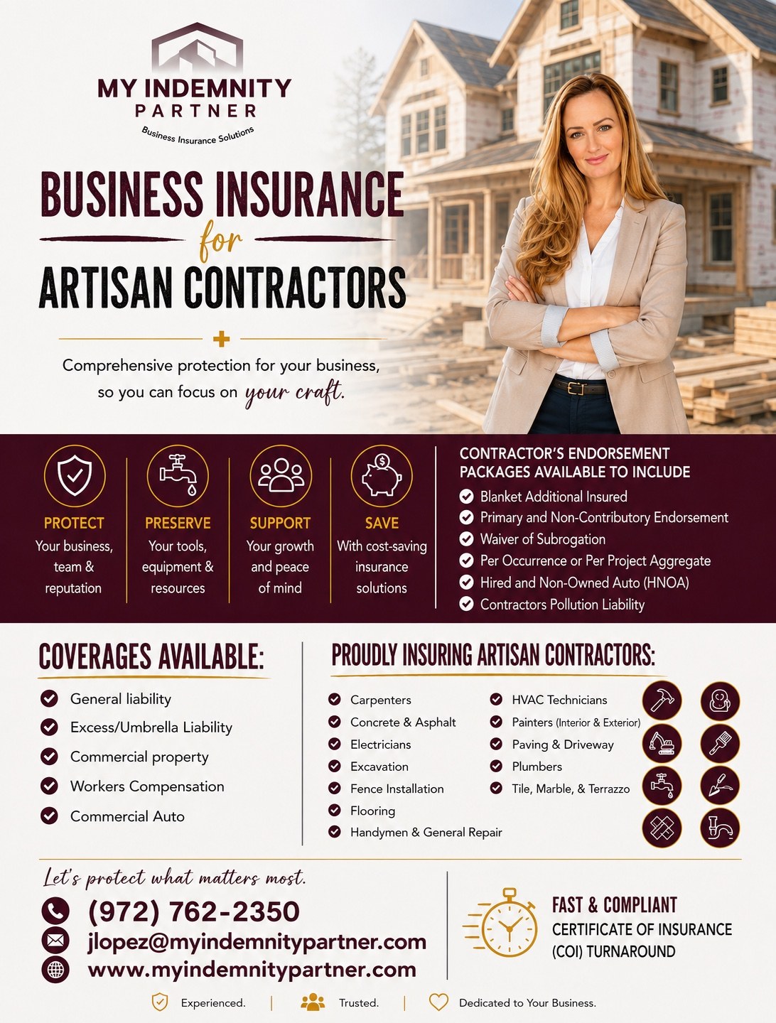 My Indemnity Partner artisan contractor insurance marketing flyer
